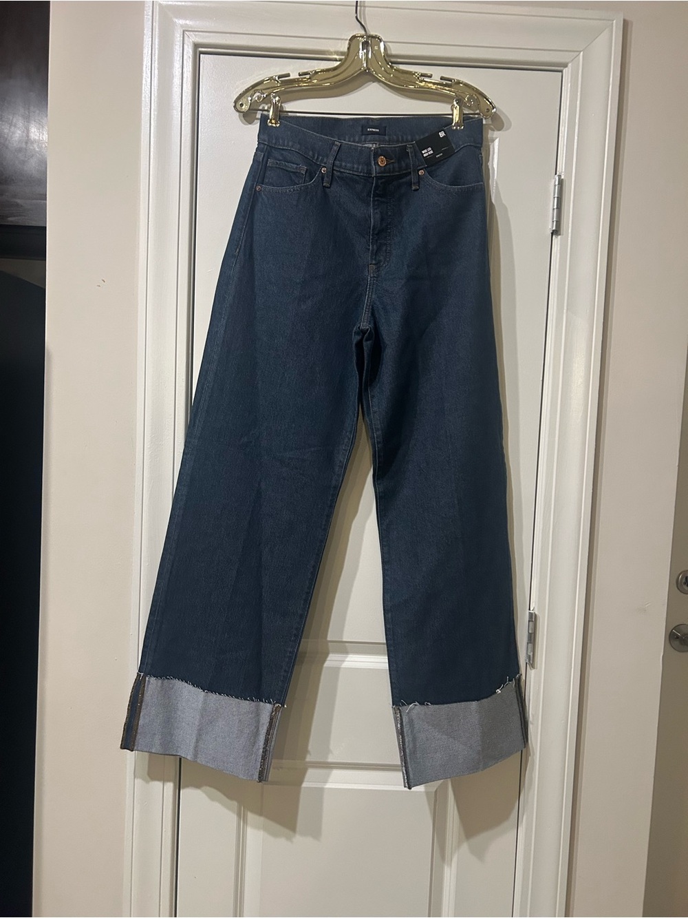Express Dark Blue Straight-Leg Jeans with Cuffed Hem